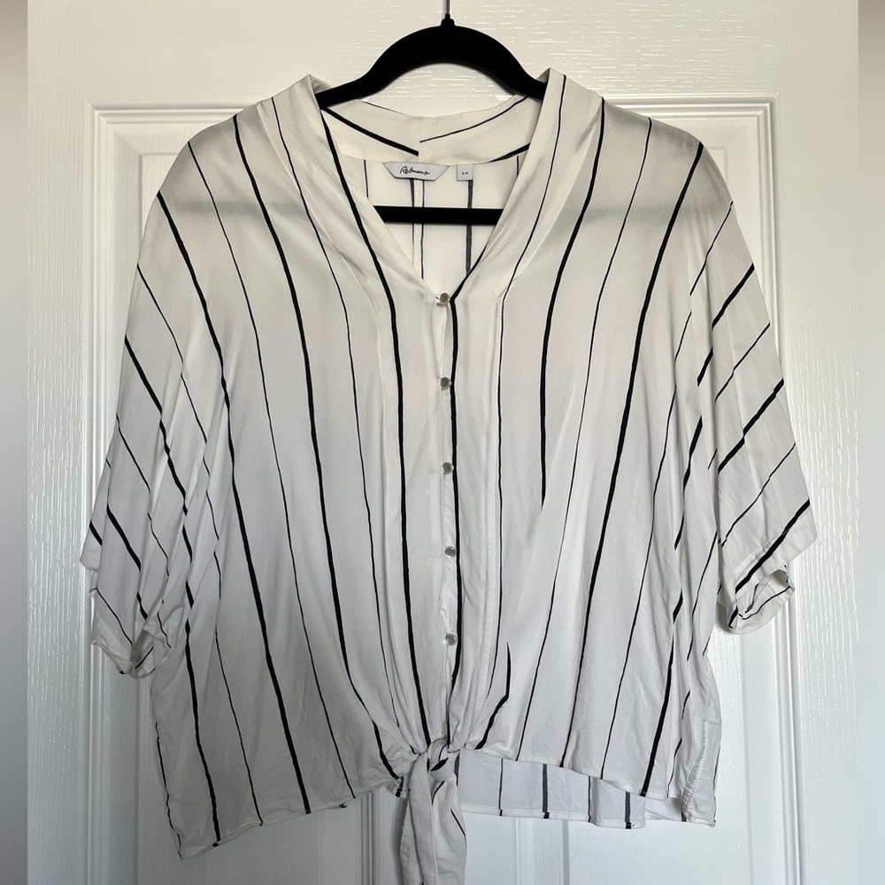 Reitmans White and Black Striped Top with tie
